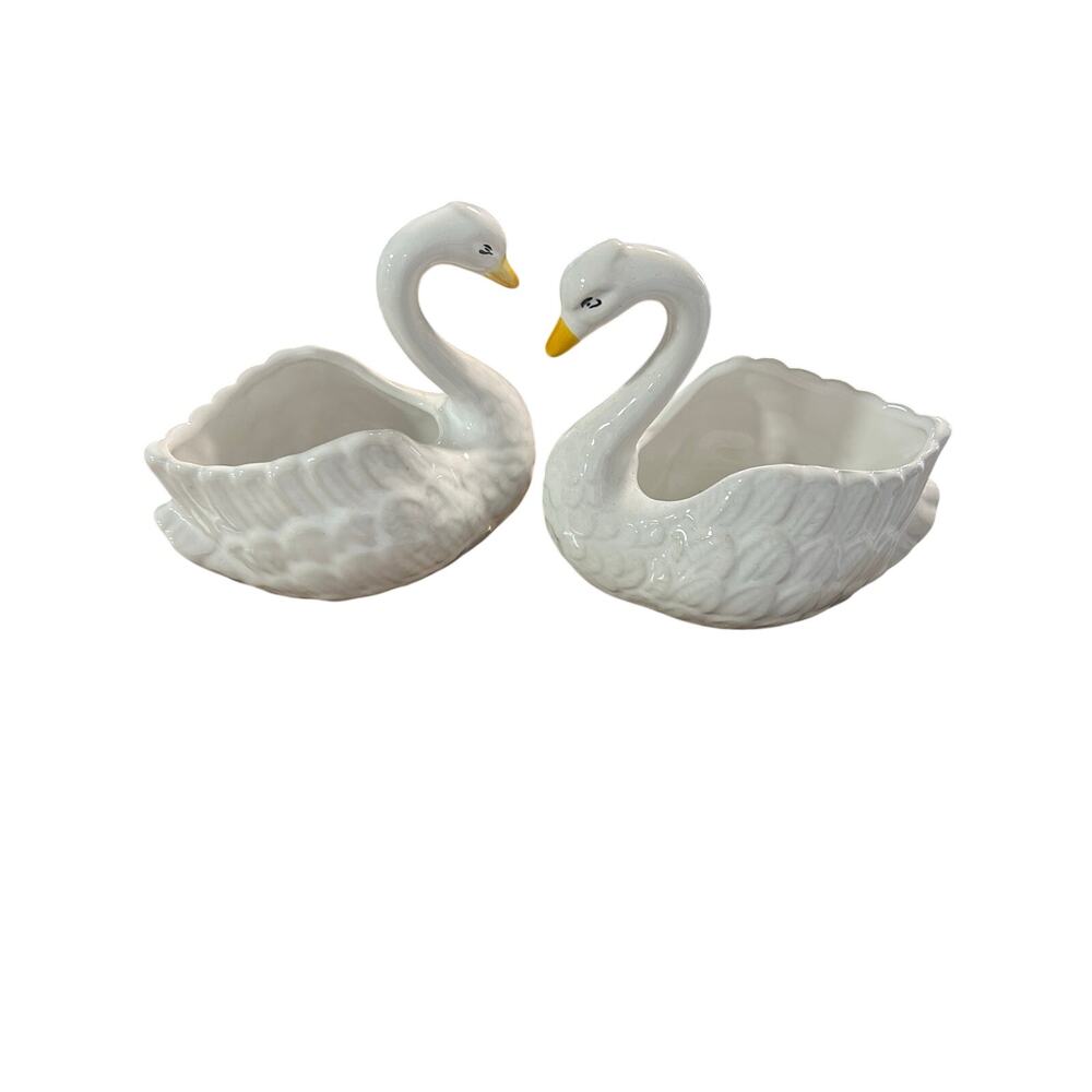 Vintage Made in Portugal White Ceramic Swan Planters Pair Cottagecore Decor